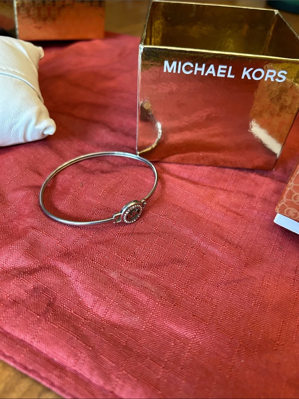 Michael Kors Silver-Tone MK Pavé Center Bangle Bracelet